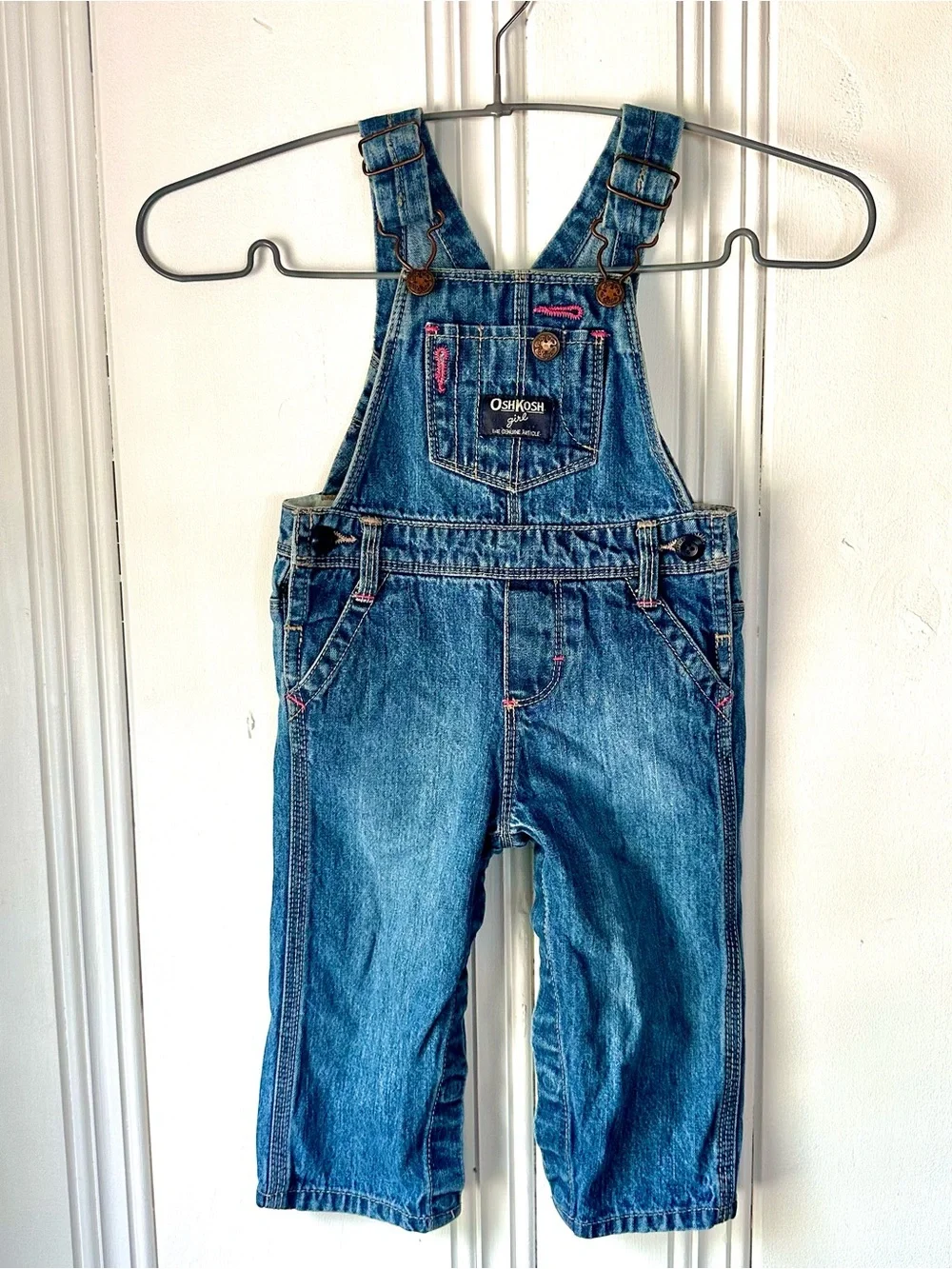 OshKosh B'gosh Blue Denim Overalls with Pink Stitching 12M